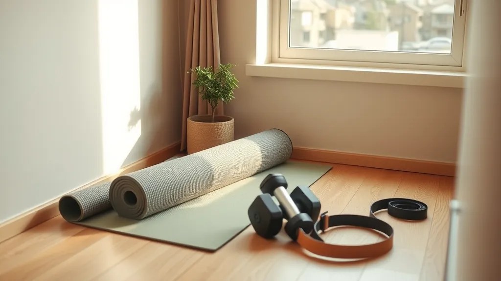 朝の光が入る畳の部屋に置かれたヨガマットとダンベル、レジスタンスバンド